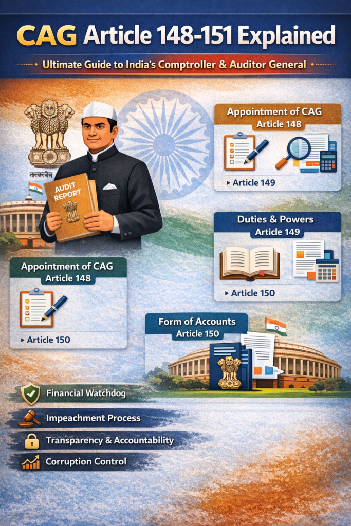 ಭಾರತದ ಲೆಕ್ಕನಿಯಂತ್ರಕ ಮತ್ತು ಮಹಾ-ಲೆಕ್ಕಪರಿಶೋಧಕ (CAG)  .Comptroller and Auditor-General in Indian Constitution (Articles 148–151) .